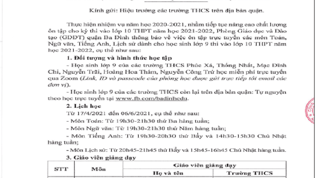 Thông báo của phòng GD&amp;ĐT Quận Ba Đình về việc ôn tập trực tuyến các môn Văn, Toán, Anh, Sử