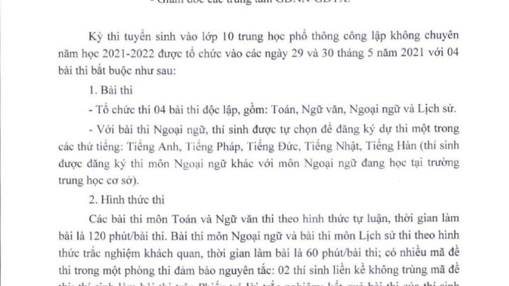 Sở GD &amp; ĐT Thành phố Hà Nội Công bố các môn thi kỳ thi tuyển sinh vào lớp 10 THPT công lập năm học 2021-2022