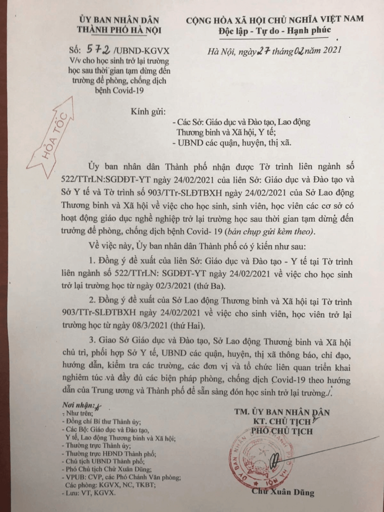 Học sinh toàn trường sẽ quay trở lại trường học tập từ ngày 2/3/2021 theo công văn chỉ đạo của UBND thành phố Hà Nội