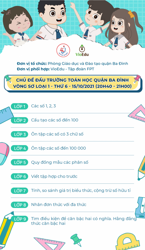 Trường THCS Thống Nhất thông báo: Chủ đề Đấu trường Toán học quận Ba Đình của Vòng sơ loại số 1 năm học 2021 - 2022