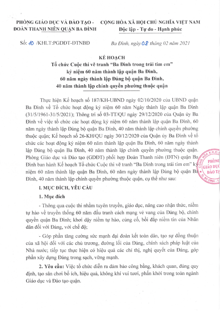 Kế hoạch tổ chức cuộc thi vẽ tranh "Ba Đình trong trái tim em"