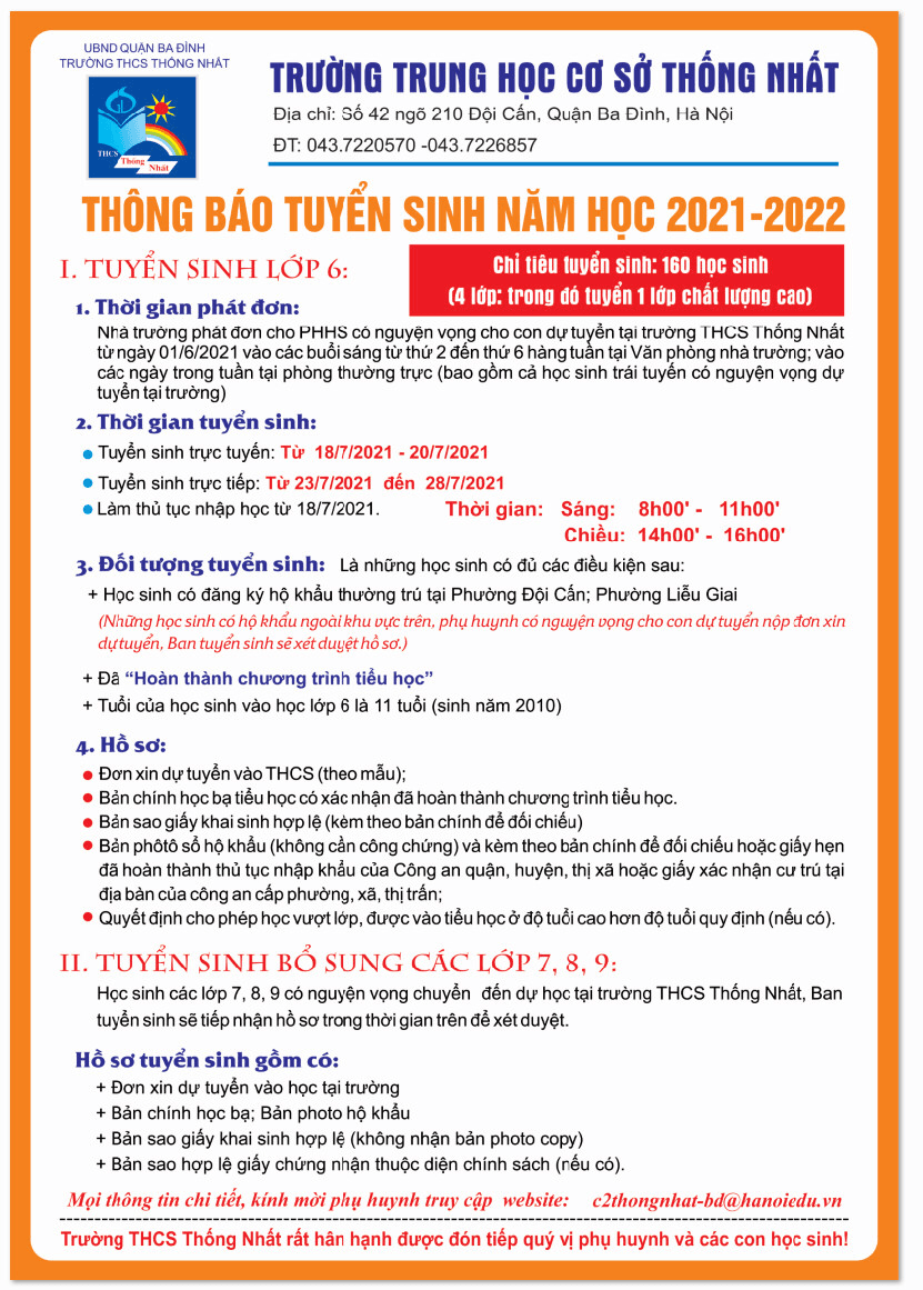 Trường THCS Thống Nhất thông báo tuyển sinh năm học 2021 - 2022