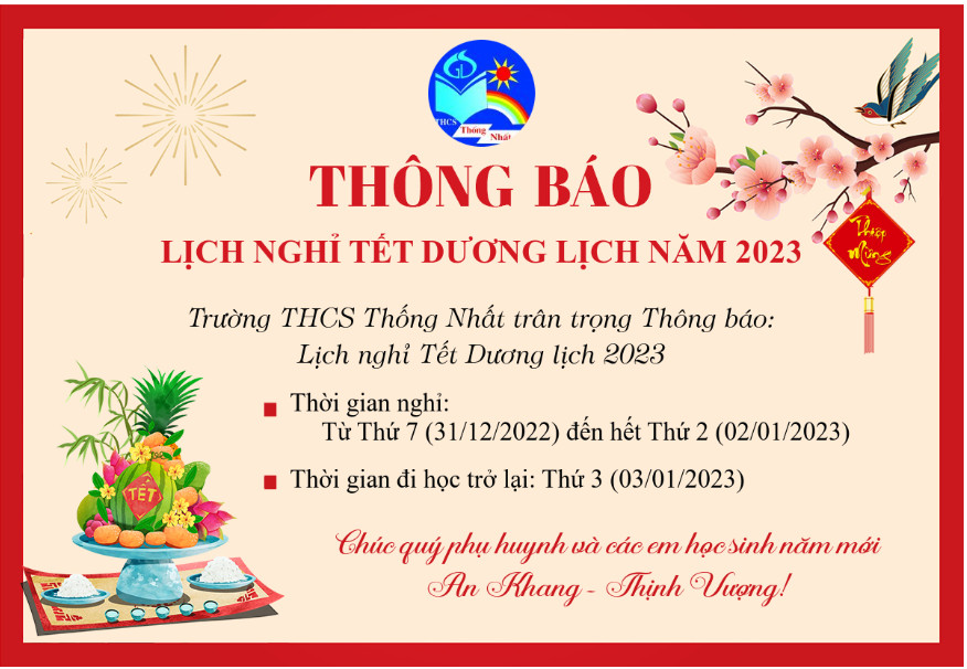 Trường THCS Thống Nhất Thông báo: Lịch nghỉ Tết Dương lịch 2023