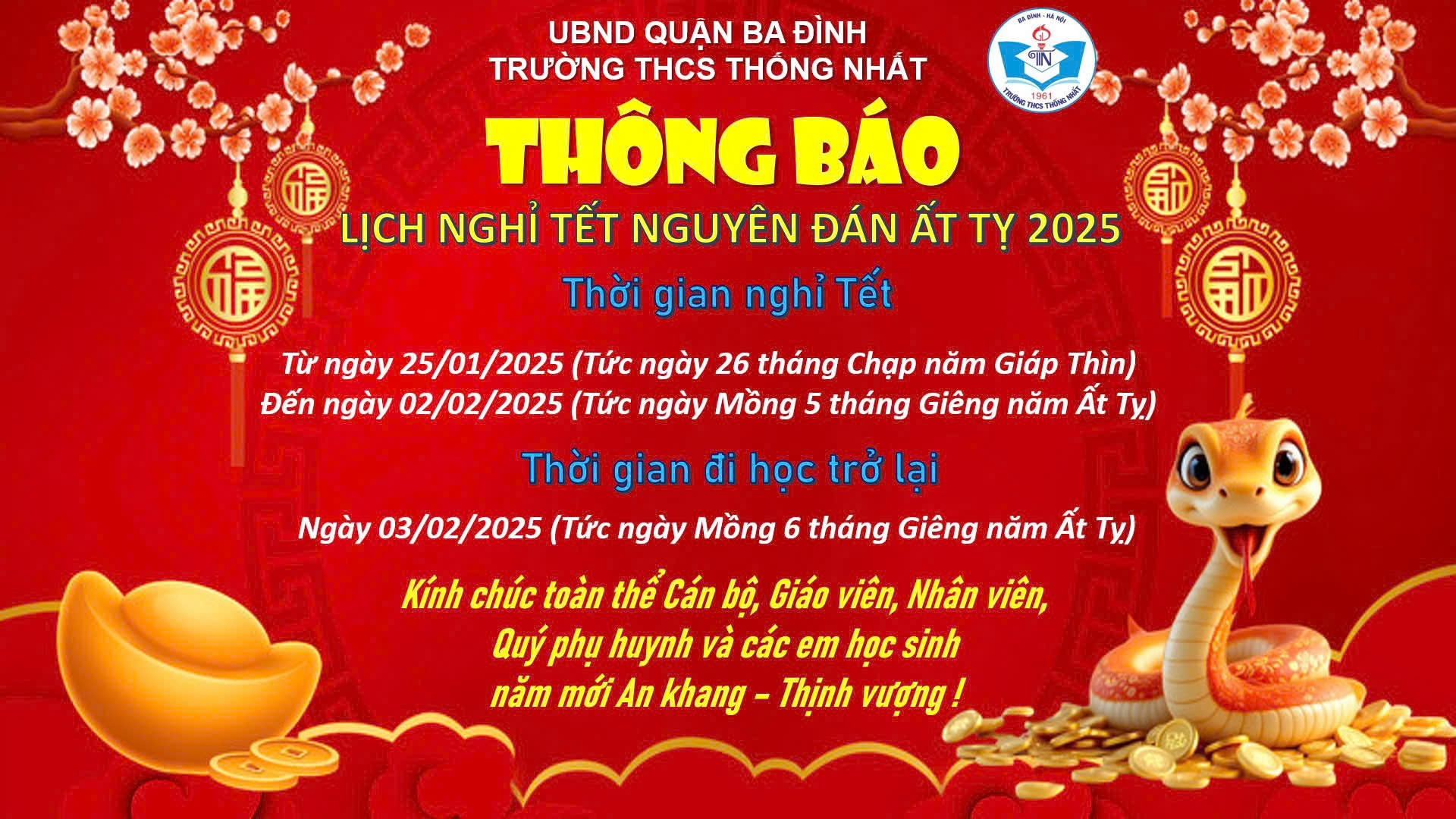 Trường THCS Thống Nhất Thông báo: Lịch nghỉ Tết Nguyên đán 2025