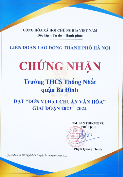 Trường THCS Thống Nhất vinh dự đón nhận danh hiệu "Đơn vị đạt chuẩn văn hóa" giai đoạn 2023–2024