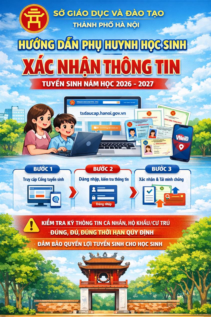 Hướng dẫn phụ huynh học sinh xác nhận thông tin phục vụ công tác tuyển sinh năm học 2026-2027 trên Cổng Tuyển Sinh thành phố Hà Nội