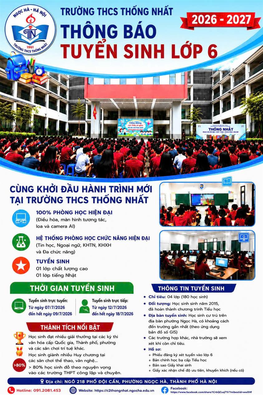 THÔNG BÁO TUYỂN SINH LỚP 6 NĂM HỌC 2026 – 2027