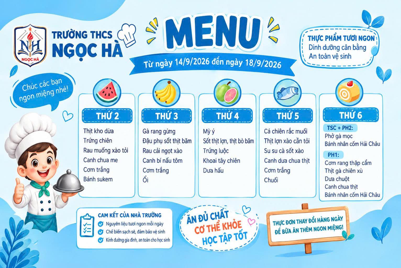 Thực đơn bán trú tuần từ 14/9 đến hết ngày 18/9/2026